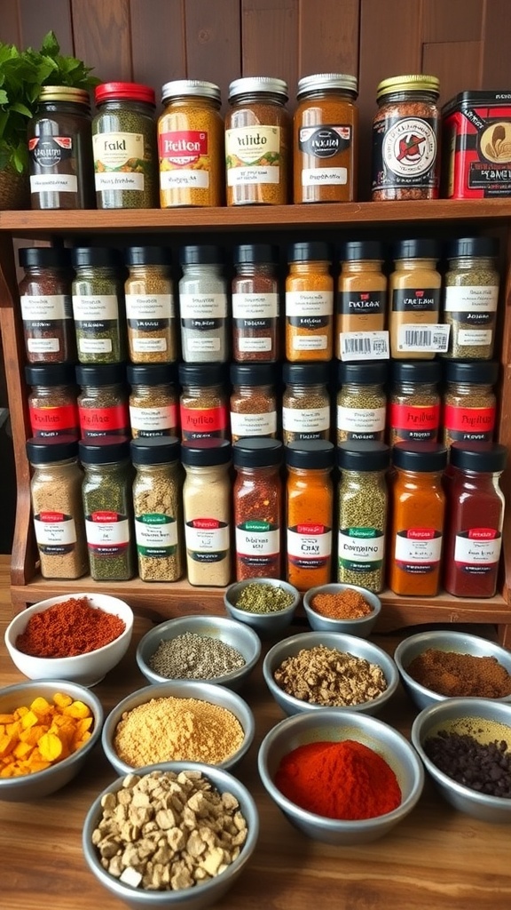 A collection of spice jars with colorful herbs and spices on a wooden shelf.
